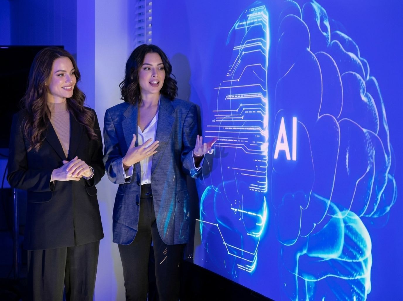 Two presenters in tailored dark blazers walking guests through a glowing AI display wall, the polished look of ISC West booth staff from Purple Exhibits