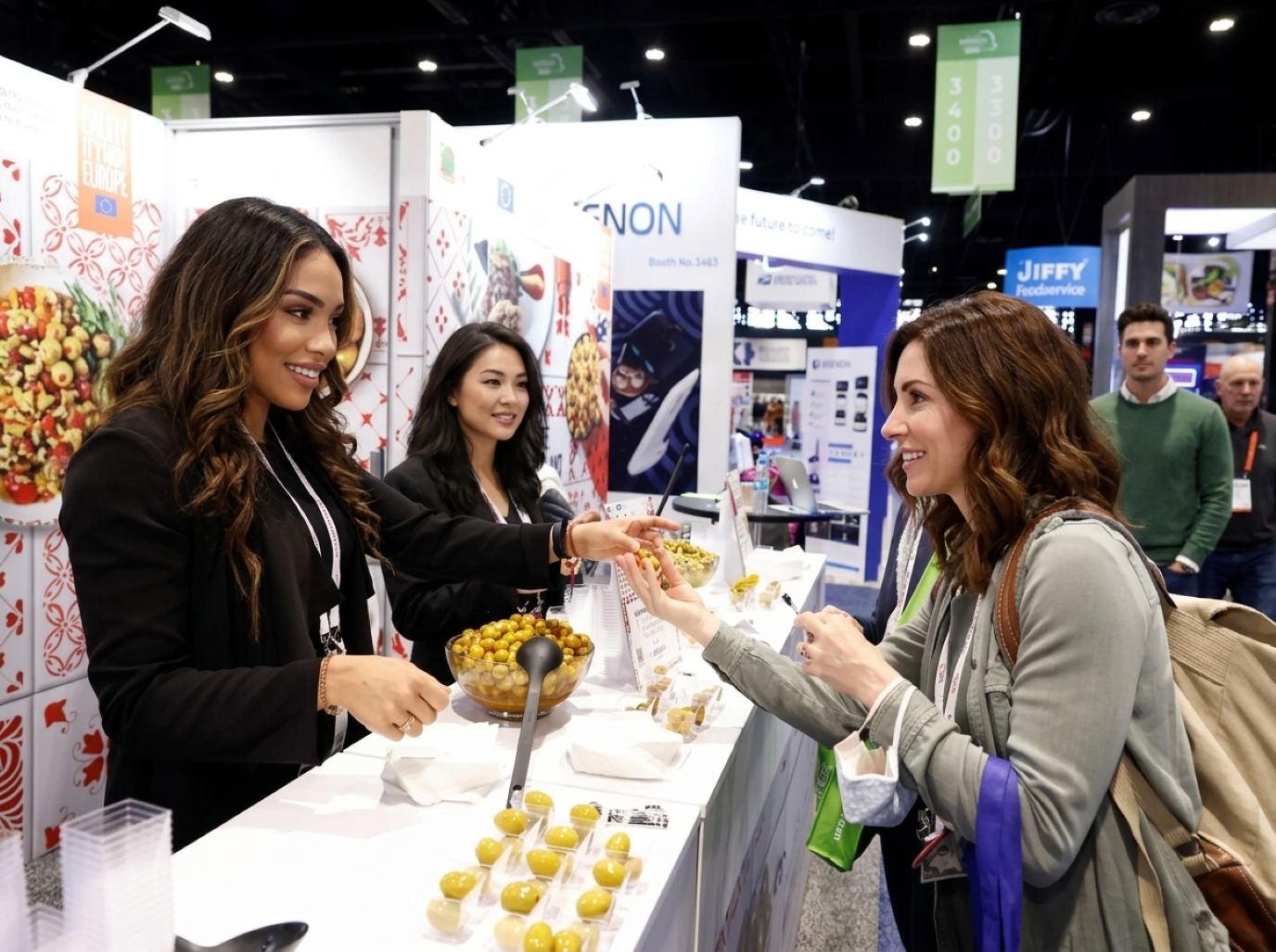 Two hosts in black blazers handing samples across a white counter to a visitor with a tote bag