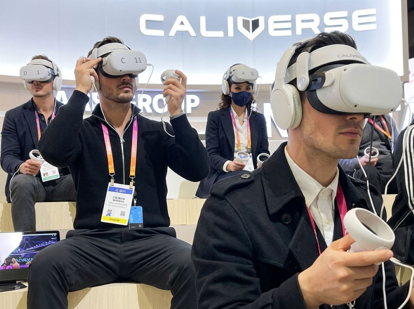 Visitors in badges and lanyards trying VR headsets at a seated tech demo, the kind of station ISC West trade show models and demonstrators run