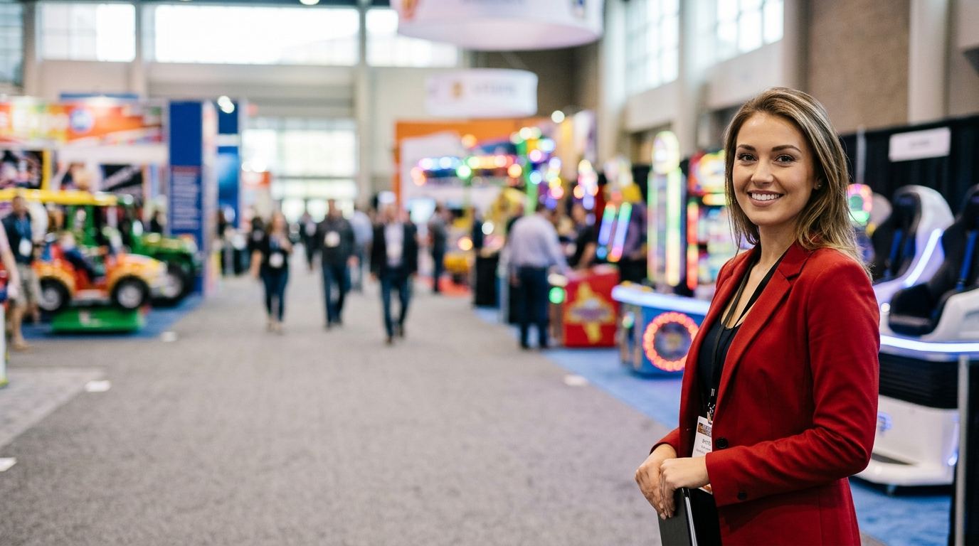 Wide attractions expo hall with ride vehicles, arcade cabinets and VR stations, and a brand ambassador in a tailored outfit standing on the right