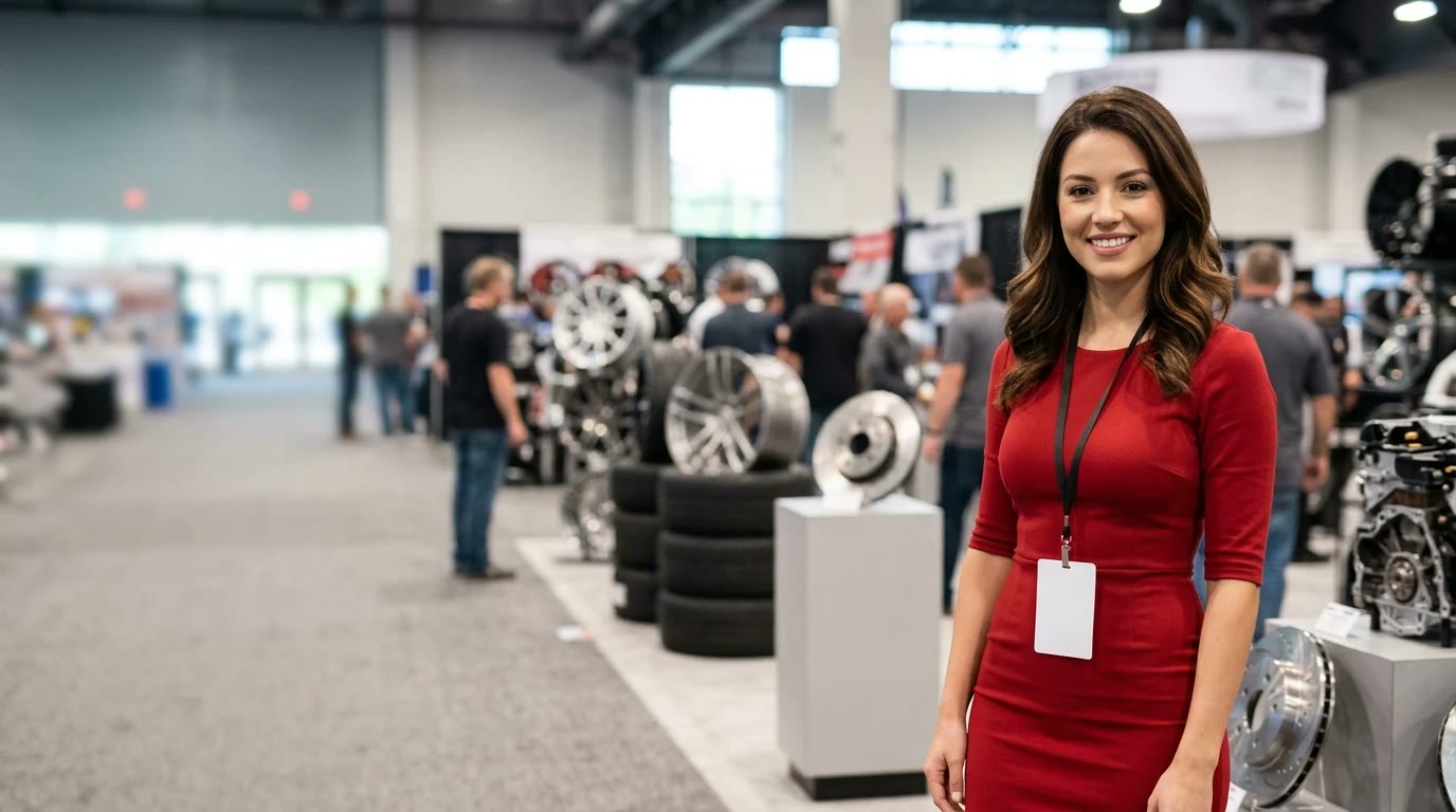 Wide automotive aftermarket parts expo hall with tool displays, parts walls and vehicles, and a brand ambassador in a tailored outfit standing on the right