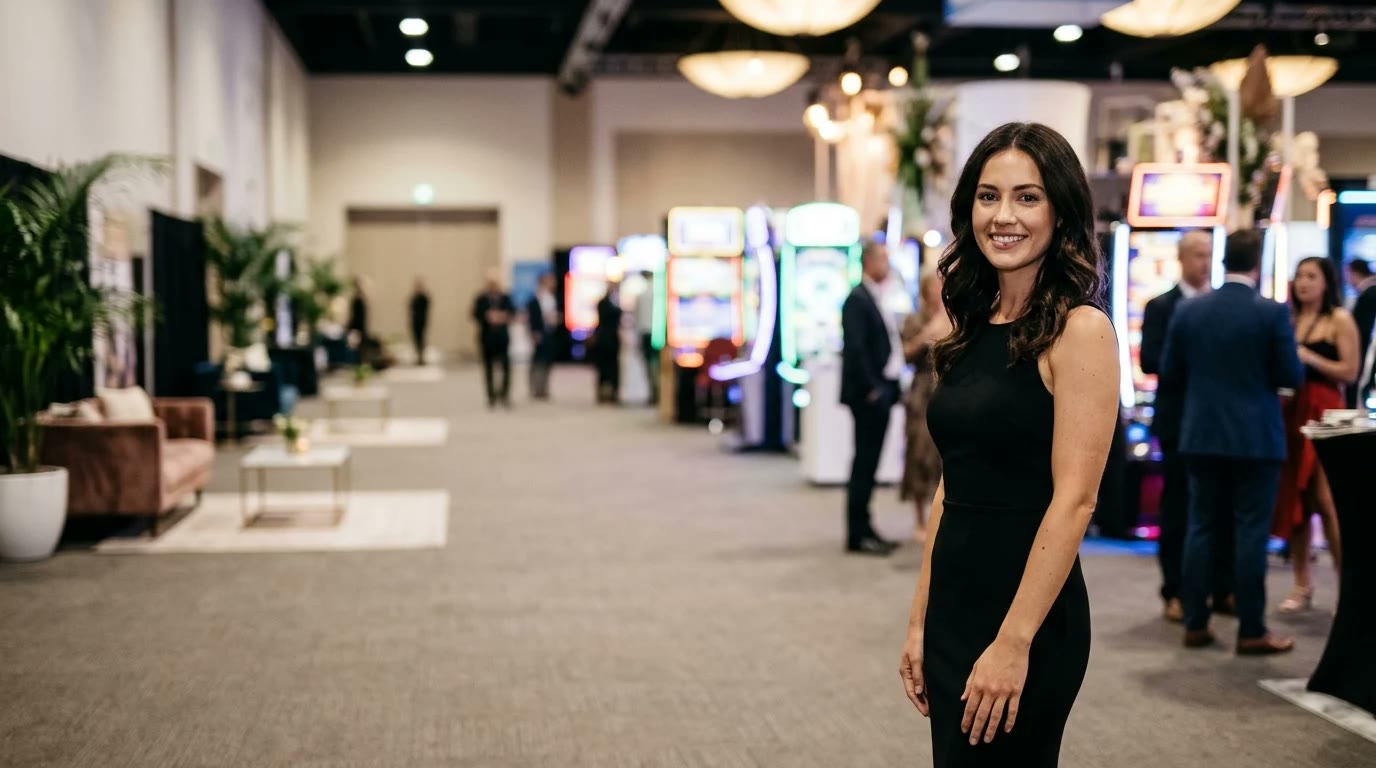 Wide casino gaming expo hall with rows of slot cabinets and table game layouts, and a brand ambassador in a tailored outfit standing on the right