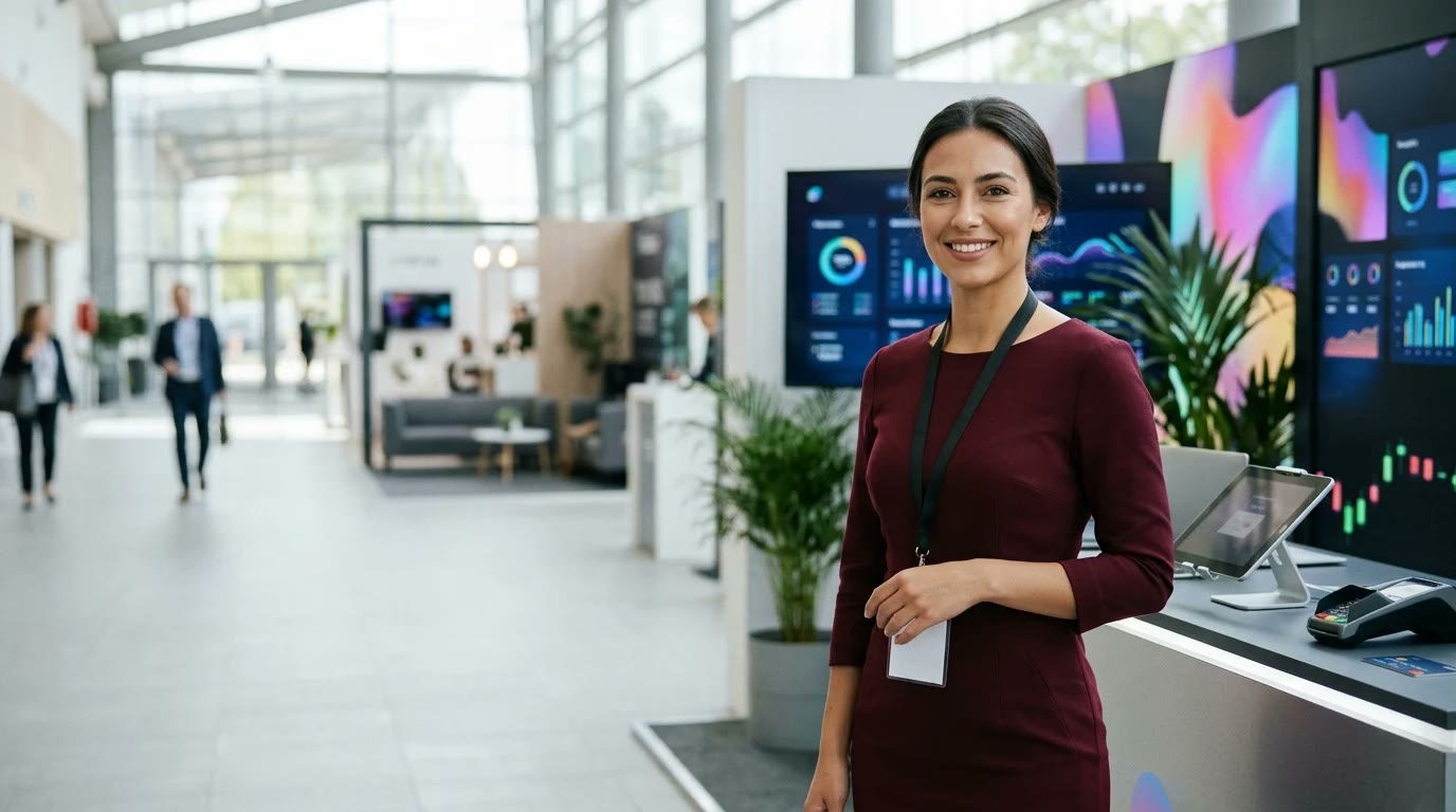 Wide fintech and payments expo hall with payment terminals and bright product screens, and a brand ambassador in a tailored outfit standing on the right