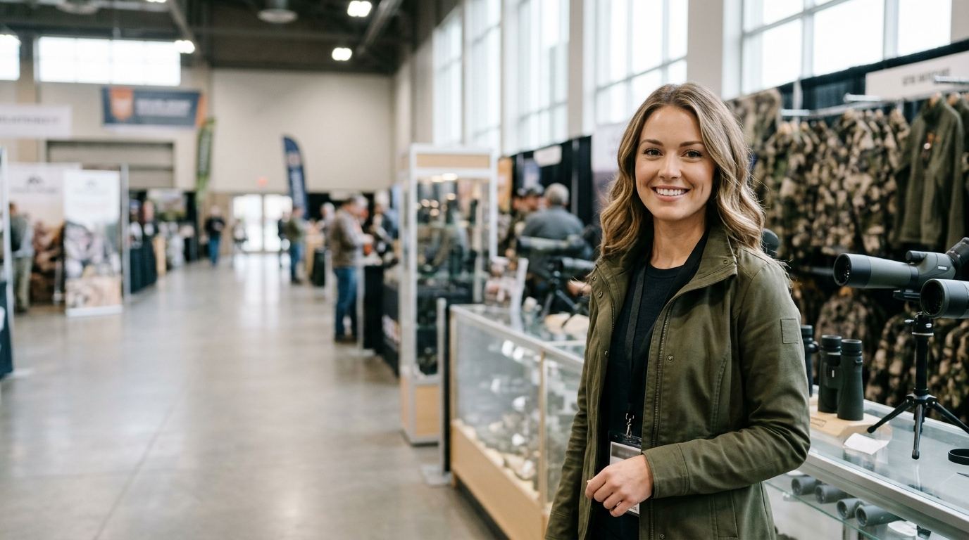 Wide hall of outdoor apparel and optics exhibits with a brand ambassador in a tailored outfit standing on the right