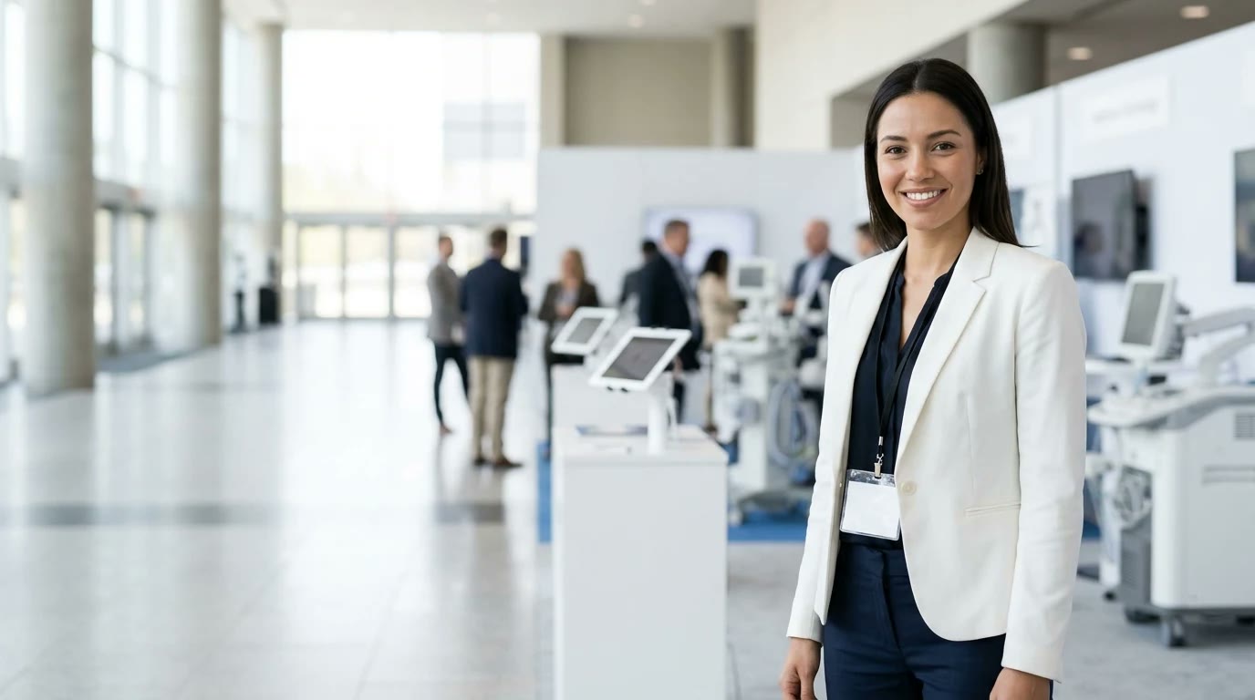 Wide healthcare IT expo hall with software demo screens and clinical workflow displays, and a brand ambassador in a tailored outfit standing on the right