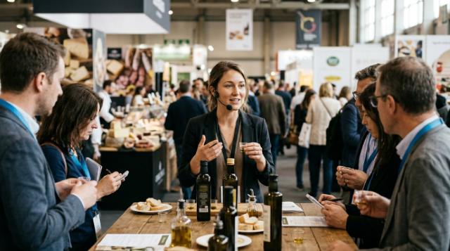 Presenter with a headset mic in a black blazer offering olive oil and bread tastings to buyers at a specialty food counter